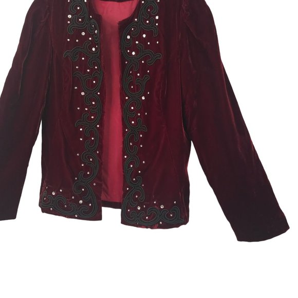 Jeri New York Velvet Jacket Blazer Womens 8 Burgundy Rhinestones Long Sleeve - Picture 13 of 16